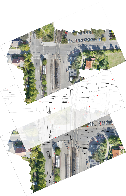 Vorgehensweise Der zu erfassende Bereich - ein Straßenabschnitt oder eine Kreuzung - wird mittels UAV beflogen und aus den Luftbildern und Flugdaten jeweils ein 3D-Geländemodell und Orthofotos des Bereiches mit einer Genauigkeit von weniger als 5 cm errechnet. Aus den Luftaufnahmen aus der Befliegung werden georeferenzierte Orthofotos des Areals generiert…