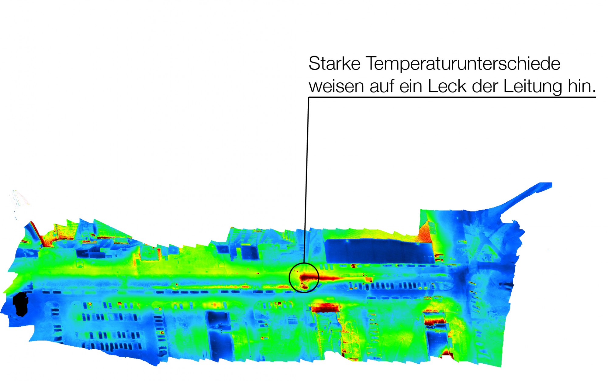 Keine Bauarbeiten. Thermografie ermöglicht es, Leckagen in unterirdischen Gasleitungen ohne aufwendige Bauarbeiten zu finden. So können Temperaturunterschiede im Boden erkannt werden, die auf undichte Stellen in Gasleitungen hinweisen können. Die Wärmebildkamera der Drohne erfasst die Wärmesignatur des Bodens, die durch das austretende Gas verursacht wird und zeigt diese als Temperaturunterschied…